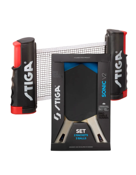 STIGA SET SONIC V2 Anywhere 2 Stk Bordtennis Bat + 3 Bolde + Net
